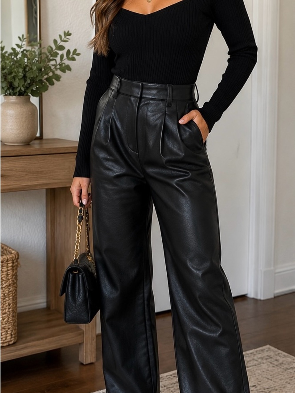 Abercrombie & Fitch Vegan Leather Trouser Pants Black Pleated Wide Leg S